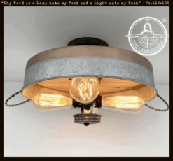 Modern Farmhouse Galvanized & Copper Tone Metal Flat Tub Ceiling Light Wood Accents