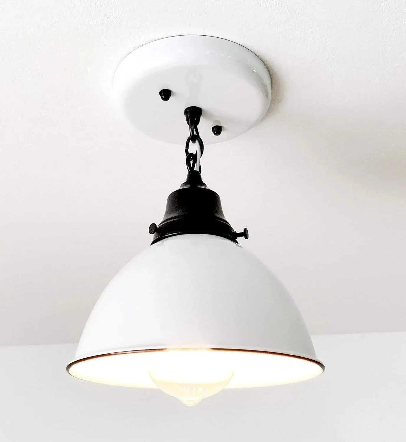 White Enamel Farmhouse Ceiling Light With Chain 8 White Enamel Farmhouse Ceiling Light With Chain - Image 6