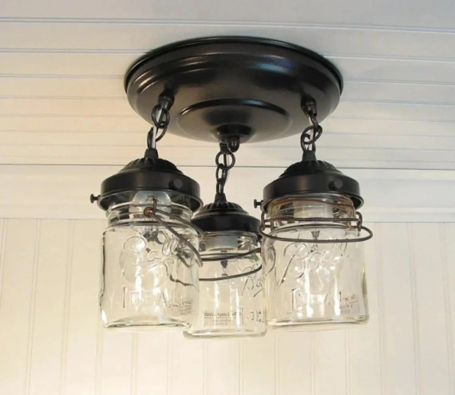 Mason Jar LIGHT FIXTURE Vintage PINT Chain Trio 5 Mason Jar LIGHT FIXTURE Vintage PINT Chain Trio - Image 3