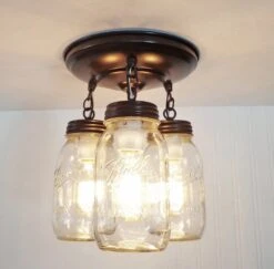 Mason Jar LIGHT FIXTURE New Quart Chain Trio -The Lamp Goods mason jar light fixture ceiling flush mount lighting by lamp goods farmhouse pendant chandelier lights 2