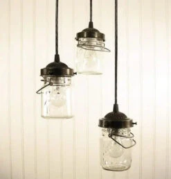 Vintage Pint Mason Jar Chandelier Pendant Trio -The Lamp Goods mason jar light pendant chandelier hanging farmhouse ceiling flush mount lighting fixture rustic by lamp goods 2