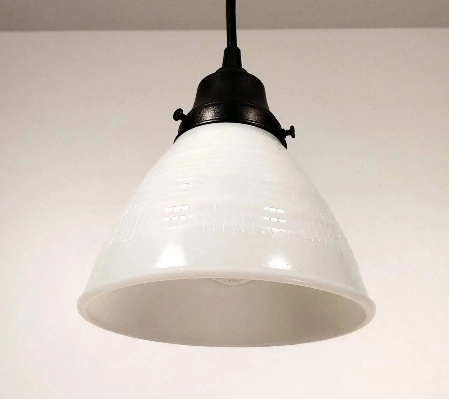 Milk Glass Banded Waffle Pendant Light Fixture 6 Milk Glass Banded Waffle Pendant Light Fixture - Image 4