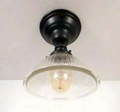 Vintage Factory Holophane Glass With Exposed Socket Light 16 Vintage Factory Holophane Glass With Exposed Socket Light -The Lamp Goods vintageholophaneexposedsocketedisonceilinglightflushmountlightingfixtureclearglasslampgoods 4