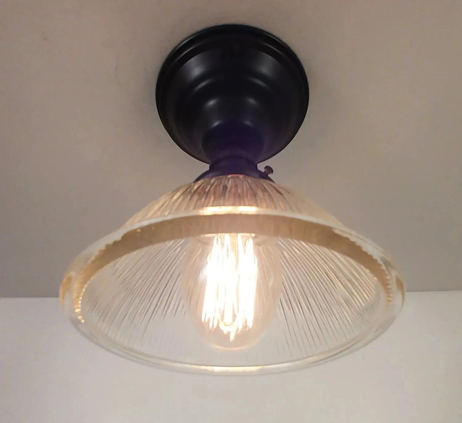 Vintage Factory Holophane Glass With Exposed Socket Light 4 Vintage Factory Holophane Glass With Exposed Socket Light - Image 2